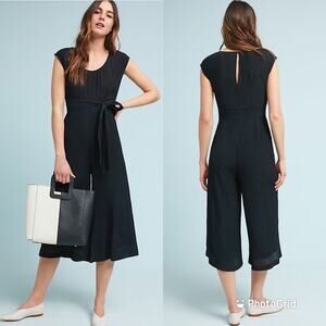 ANTHROPOLOGIE Cropped Wide Leg Jumpsuit Womens Size 0 Black Abbey Crepe Belted